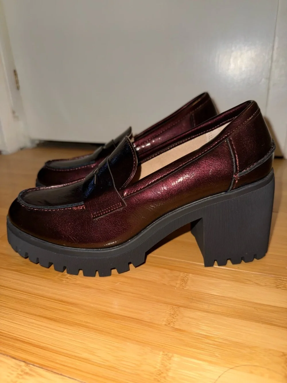 Sun + Stone Chunky Heel Penny Loafer - Burgundy Patent - Picture 2 of 5